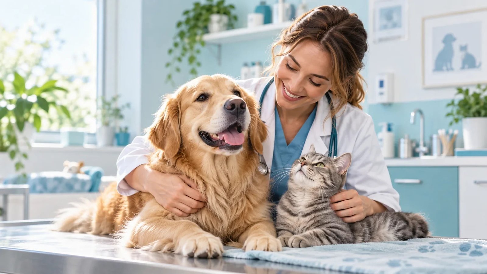 Veterinaria acariciando a un perro y un gato en una clínica luminosa